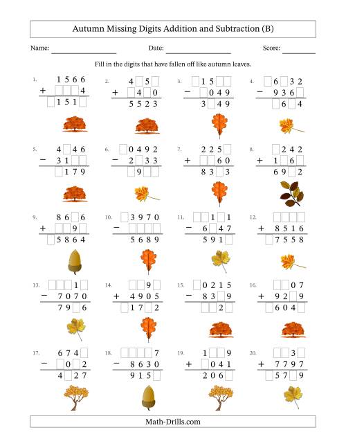 The Autumn Missing Digits Addition and Subtraction (Harder Version) (B) Math Worksheet