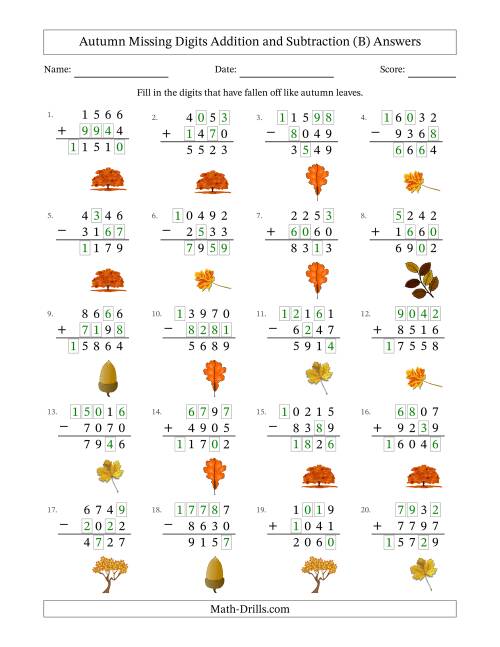 The Autumn Missing Digits Addition and Subtraction (Harder Version) (B) Math Worksheet Page 2