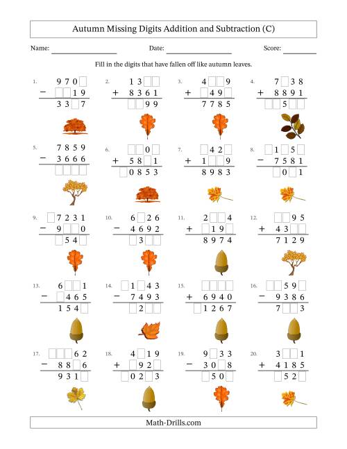 The Autumn Missing Digits Addition and Subtraction (Harder Version) (C) Math Worksheet