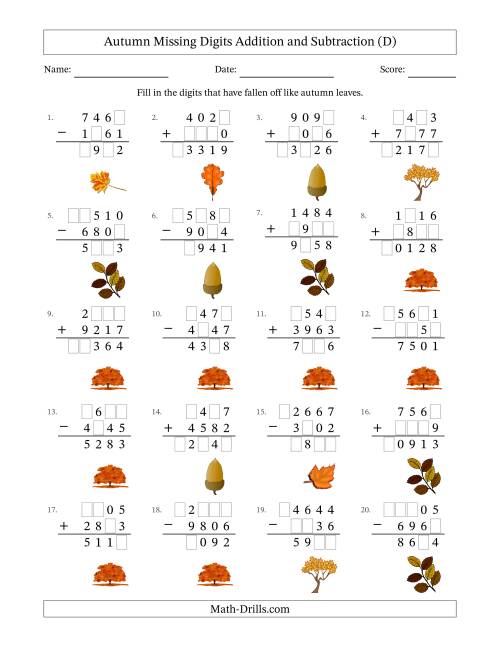 The Autumn Missing Digits Addition and Subtraction (Harder Version) (D) Math Worksheet