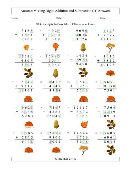 The Autumn Missing Digits Addition and Subtraction (Harder Version) (D) Math Worksheet Page 2