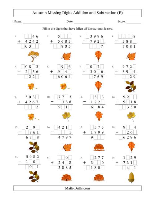 The Autumn Missing Digits Addition and Subtraction (Harder Version) (E) Math Worksheet