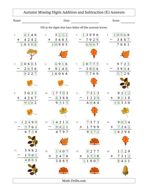 The Autumn Missing Digits Addition and Subtraction (Harder Version) (E) Math Worksheet Page 2