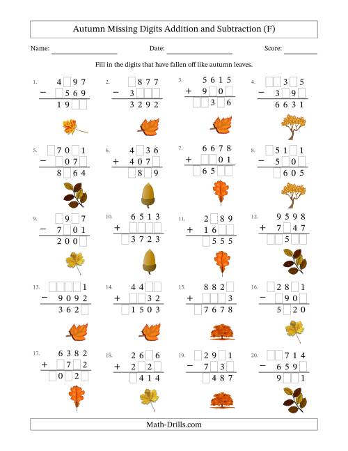 The Autumn Missing Digits Addition and Subtraction (Harder Version) (F) Math Worksheet