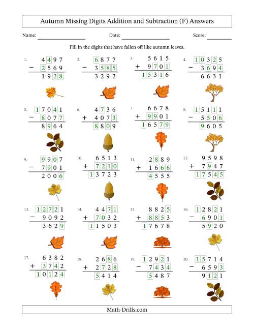 The Autumn Missing Digits Addition and Subtraction (Harder Version) (F) Math Worksheet Page 2
