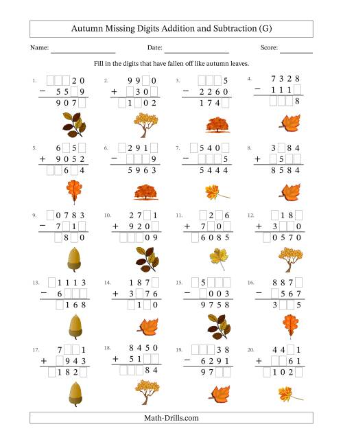 The Autumn Missing Digits Addition and Subtraction (Harder Version) (G) Math Worksheet