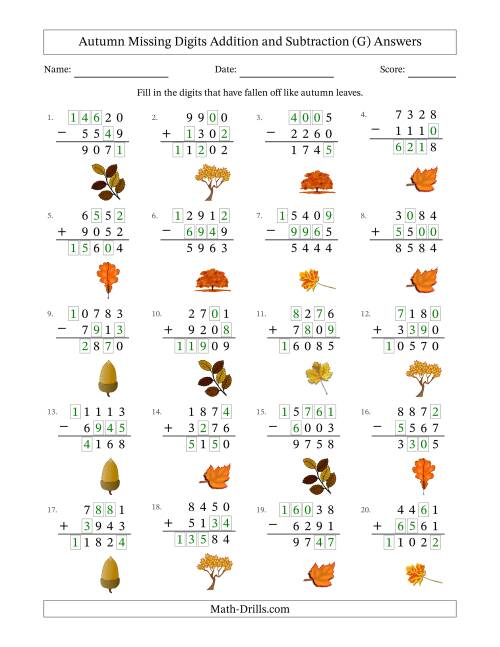 The Autumn Missing Digits Addition and Subtraction (Harder Version) (G) Math Worksheet Page 2