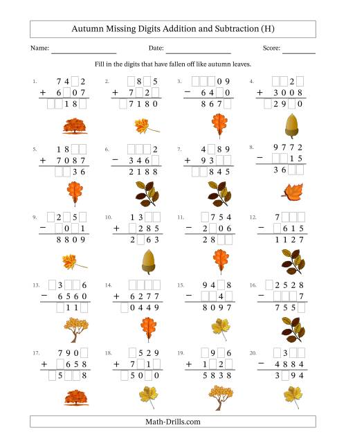 The Autumn Missing Digits Addition and Subtraction (Harder Version) (H) Math Worksheet