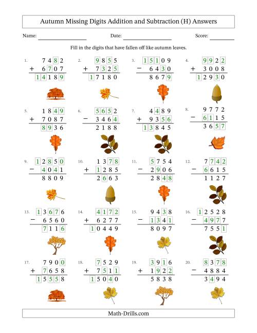 The Autumn Missing Digits Addition and Subtraction (Harder Version) (H) Math Worksheet Page 2