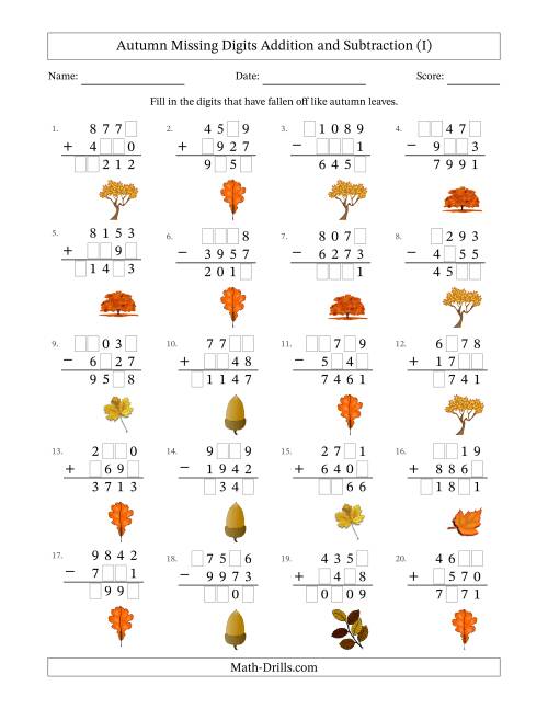 The Autumn Missing Digits Addition and Subtraction (Harder Version) (I) Math Worksheet