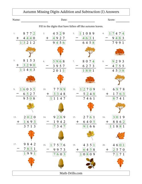 The Autumn Missing Digits Addition and Subtraction (Harder Version) (I) Math Worksheet Page 2