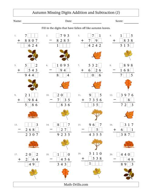 The Autumn Missing Digits Addition and Subtraction (Harder Version) (J) Math Worksheet