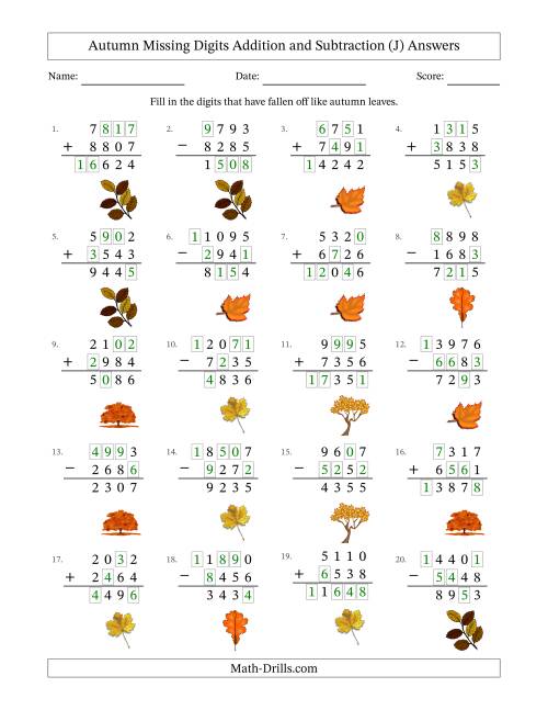 The Autumn Missing Digits Addition and Subtraction (Harder Version) (J) Math Worksheet Page 2