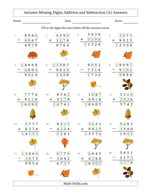The Autumn Missing Digits Addition and Subtraction (Harder Version) (All) Math Worksheet Page 2