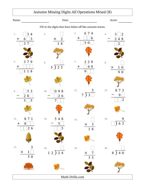 The Autumn Missing Digits All Operations Mixed (Easier Version) (B) Math Worksheet