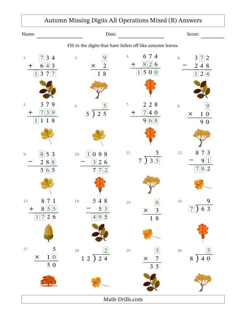 The Autumn Missing Digits All Operations Mixed (Easier Version) (B) Math Worksheet Page 2