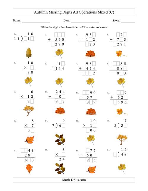 The Autumn Missing Digits All Operations Mixed (Easier Version) (C) Math Worksheet