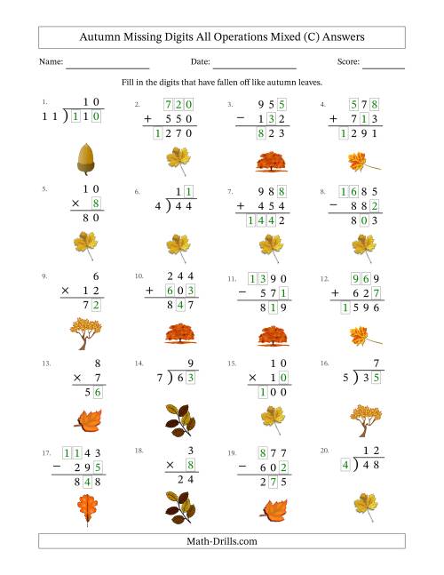The Autumn Missing Digits All Operations Mixed (Easier Version) (C) Math Worksheet Page 2