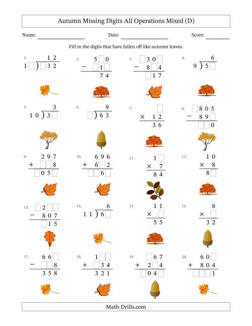 The Autumn Missing Digits All Operations Mixed (Easier Version) (D) Math Worksheet