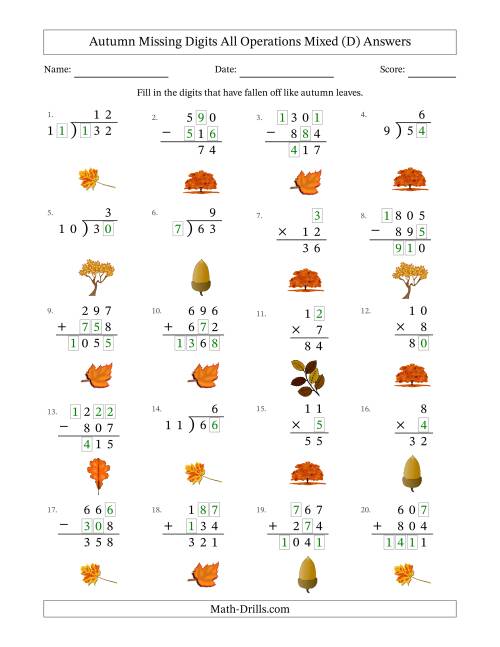 The Autumn Missing Digits All Operations Mixed (Easier Version) (D) Math Worksheet Page 2