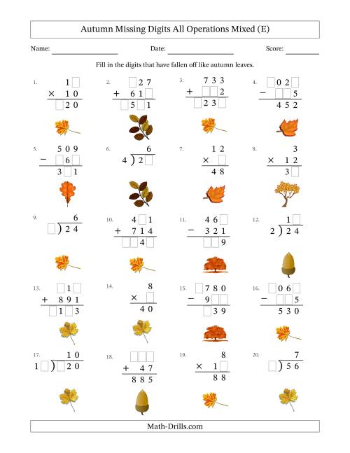 The Autumn Missing Digits All Operations Mixed (Easier Version) (E) Math Worksheet
