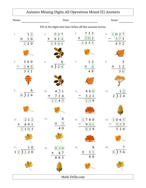 The Autumn Missing Digits All Operations Mixed (Easier Version) (E) Math Worksheet Page 2