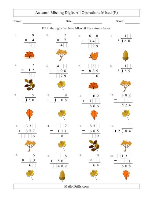 The Autumn Missing Digits All Operations Mixed (Easier Version) (F) Math Worksheet