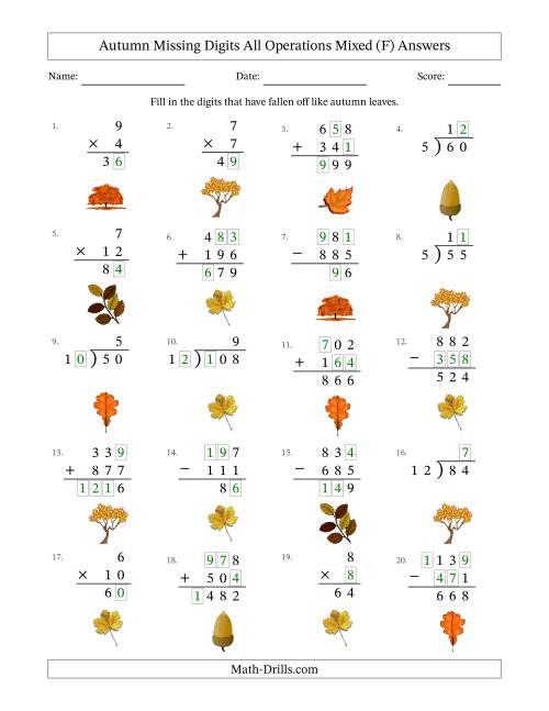 The Autumn Missing Digits All Operations Mixed (Easier Version) (F) Math Worksheet Page 2