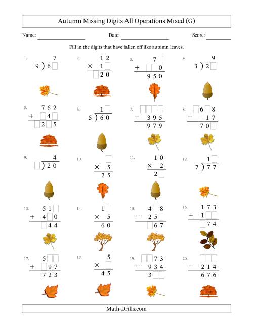 The Autumn Missing Digits All Operations Mixed (Easier Version) (G) Math Worksheet