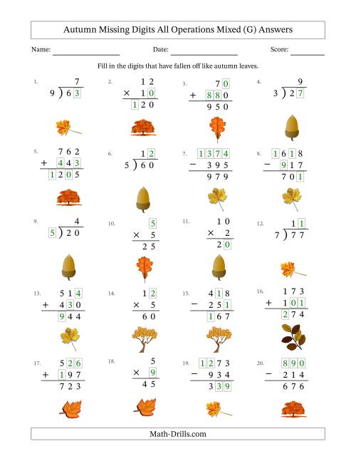 The Autumn Missing Digits All Operations Mixed (Easier Version) (G) Math Worksheet Page 2