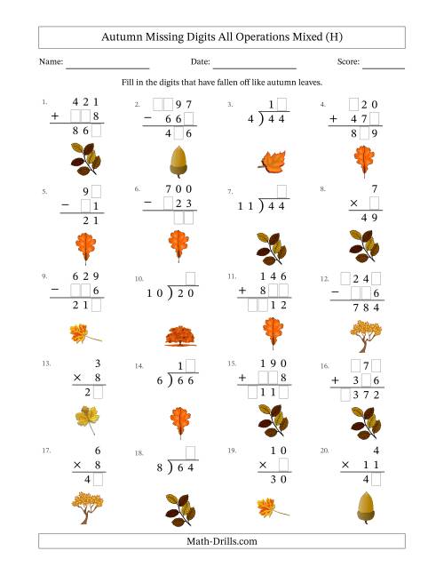 The Autumn Missing Digits All Operations Mixed (Easier Version) (H) Math Worksheet