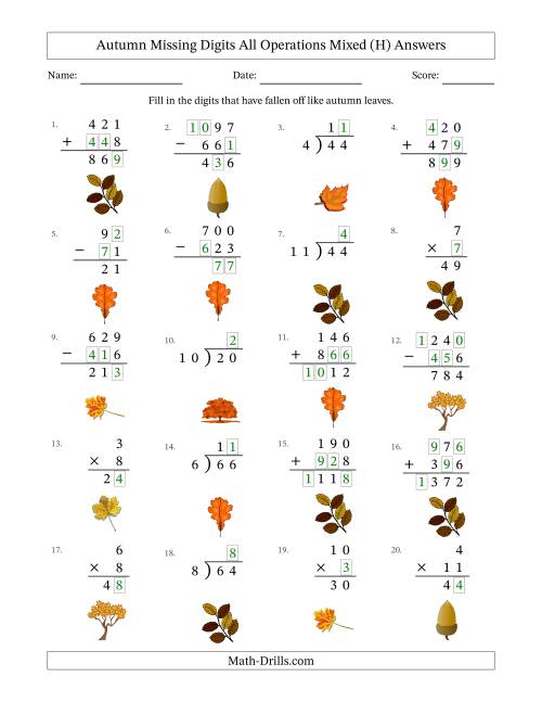 The Autumn Missing Digits All Operations Mixed (Easier Version) (H) Math Worksheet Page 2