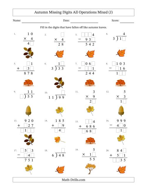 The Autumn Missing Digits All Operations Mixed (Easier Version) (J) Math Worksheet