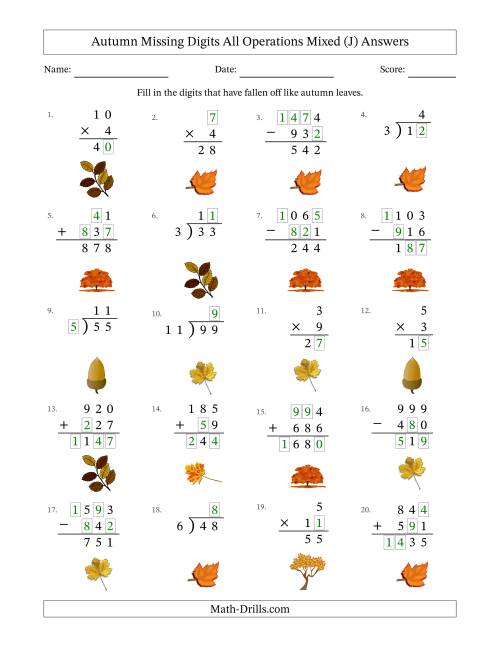 The Autumn Missing Digits All Operations Mixed (Easier Version) (J) Math Worksheet Page 2