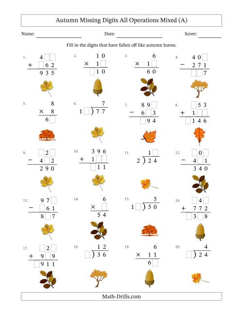 The Autumn Missing Digits All Operations Mixed (Easier Version) (All) Math Worksheet