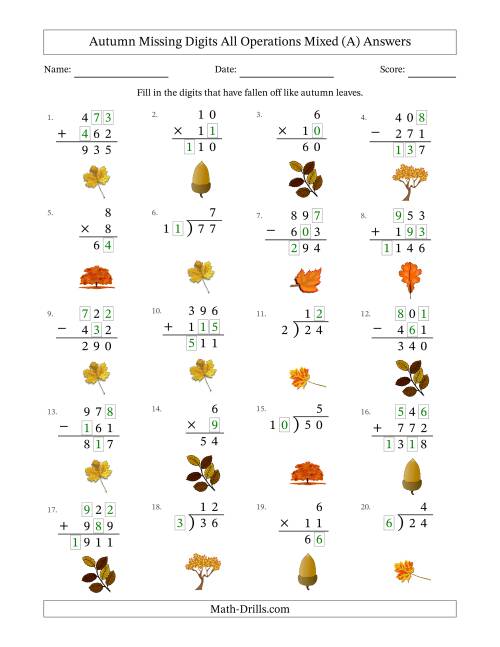 The Autumn Missing Digits All Operations Mixed (Easier Version) (All) Math Worksheet Page 2