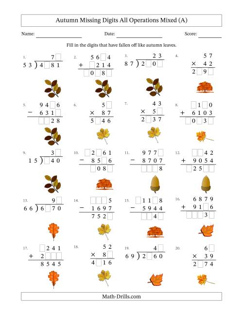 The Autumn Missing Digits All Operations Mixed (Harder Version) (A) Math Worksheet