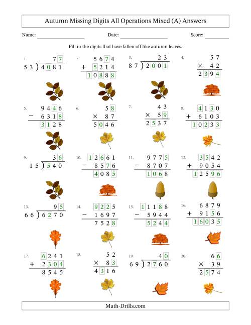 The Autumn Missing Digits All Operations Mixed (Harder Version) (A) Math Worksheet Page 2