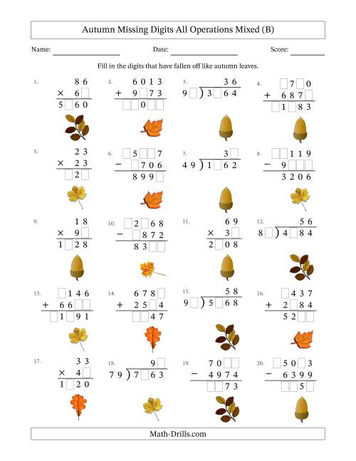 The Autumn Missing Digits All Operations Mixed (Harder Version) (B) Math Worksheet