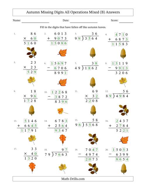 The Autumn Missing Digits All Operations Mixed (Harder Version) (B) Math Worksheet Page 2