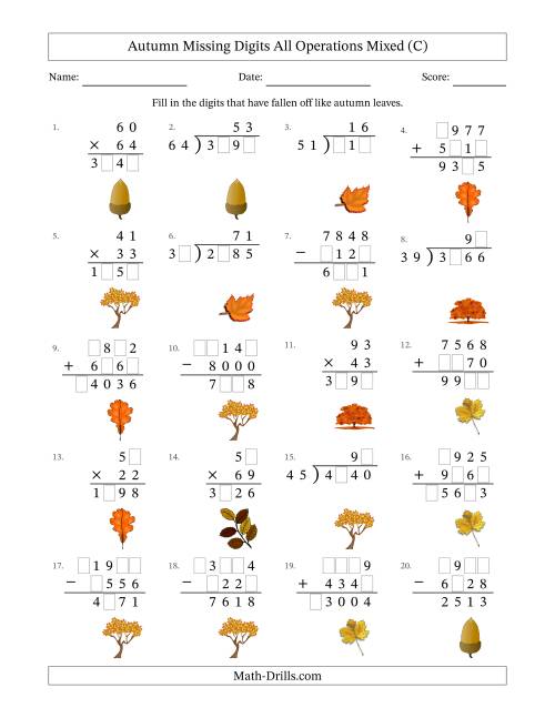 The Autumn Missing Digits All Operations Mixed (Harder Version) (C) Math Worksheet