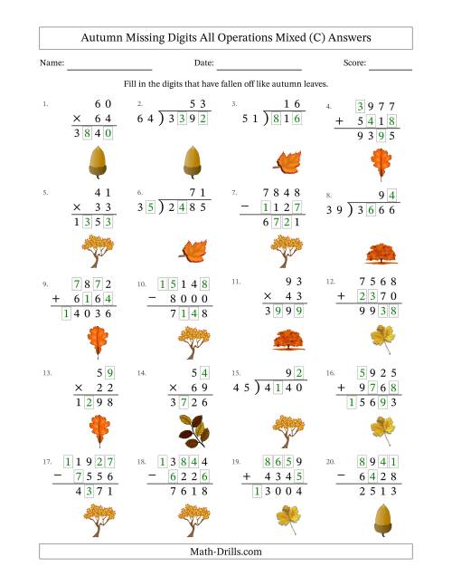 The Autumn Missing Digits All Operations Mixed (Harder Version) (C) Math Worksheet Page 2