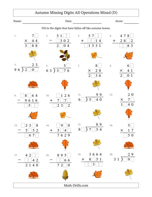 The Autumn Missing Digits All Operations Mixed (Harder Version) (D) Math Worksheet