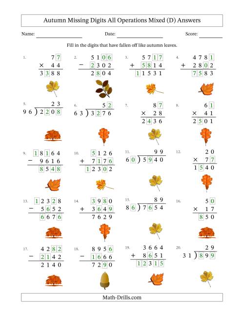 The Autumn Missing Digits All Operations Mixed (Harder Version) (D) Math Worksheet Page 2