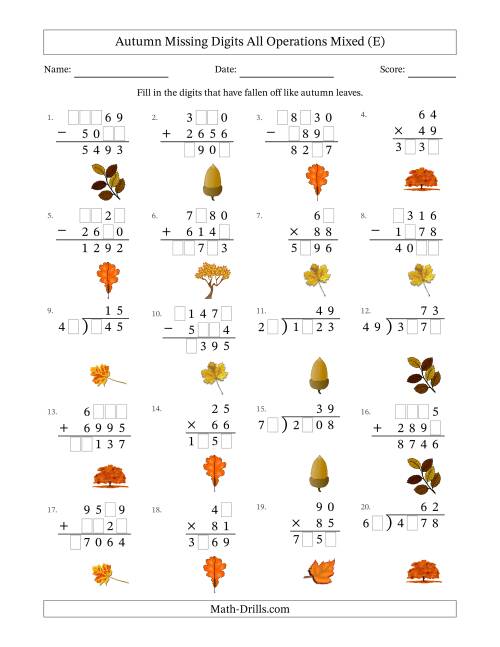The Autumn Missing Digits All Operations Mixed (Harder Version) (E) Math Worksheet