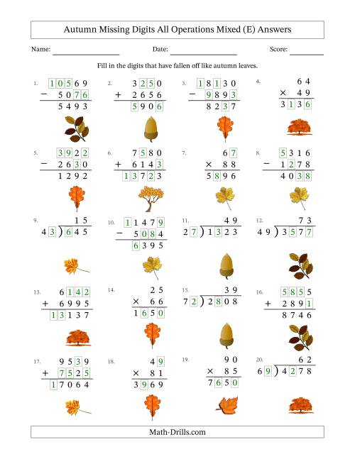 The Autumn Missing Digits All Operations Mixed (Harder Version) (E) Math Worksheet Page 2