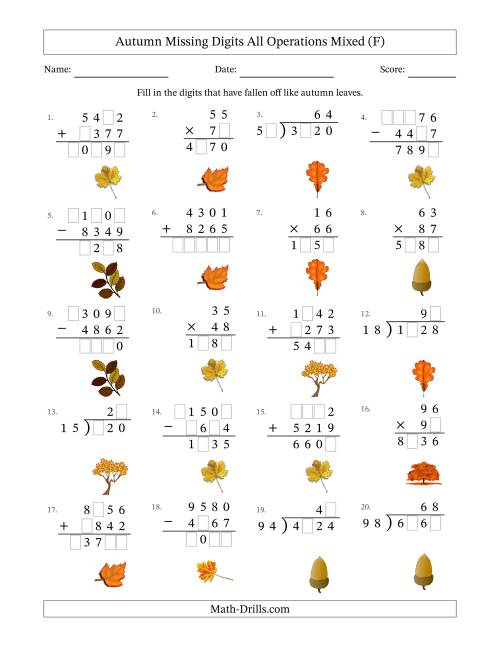 The Autumn Missing Digits All Operations Mixed (Harder Version) (F) Math Worksheet