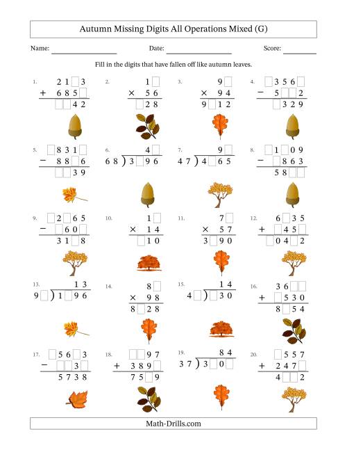 The Autumn Missing Digits All Operations Mixed (Harder Version) (G) Math Worksheet