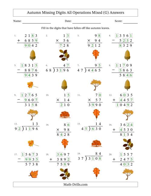 The Autumn Missing Digits All Operations Mixed (Harder Version) (G) Math Worksheet Page 2