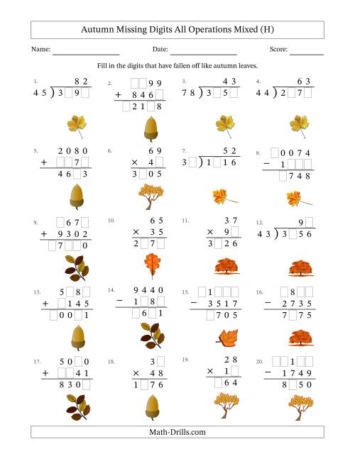 The Autumn Missing Digits All Operations Mixed (Harder Version) (H) Math Worksheet